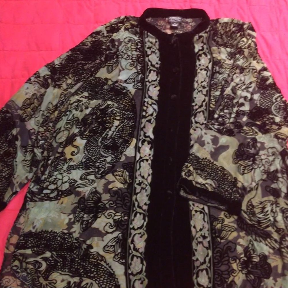 HOLIDAY PRICING CITRON Burntout Velvet Tunic with Dragon Design 2X